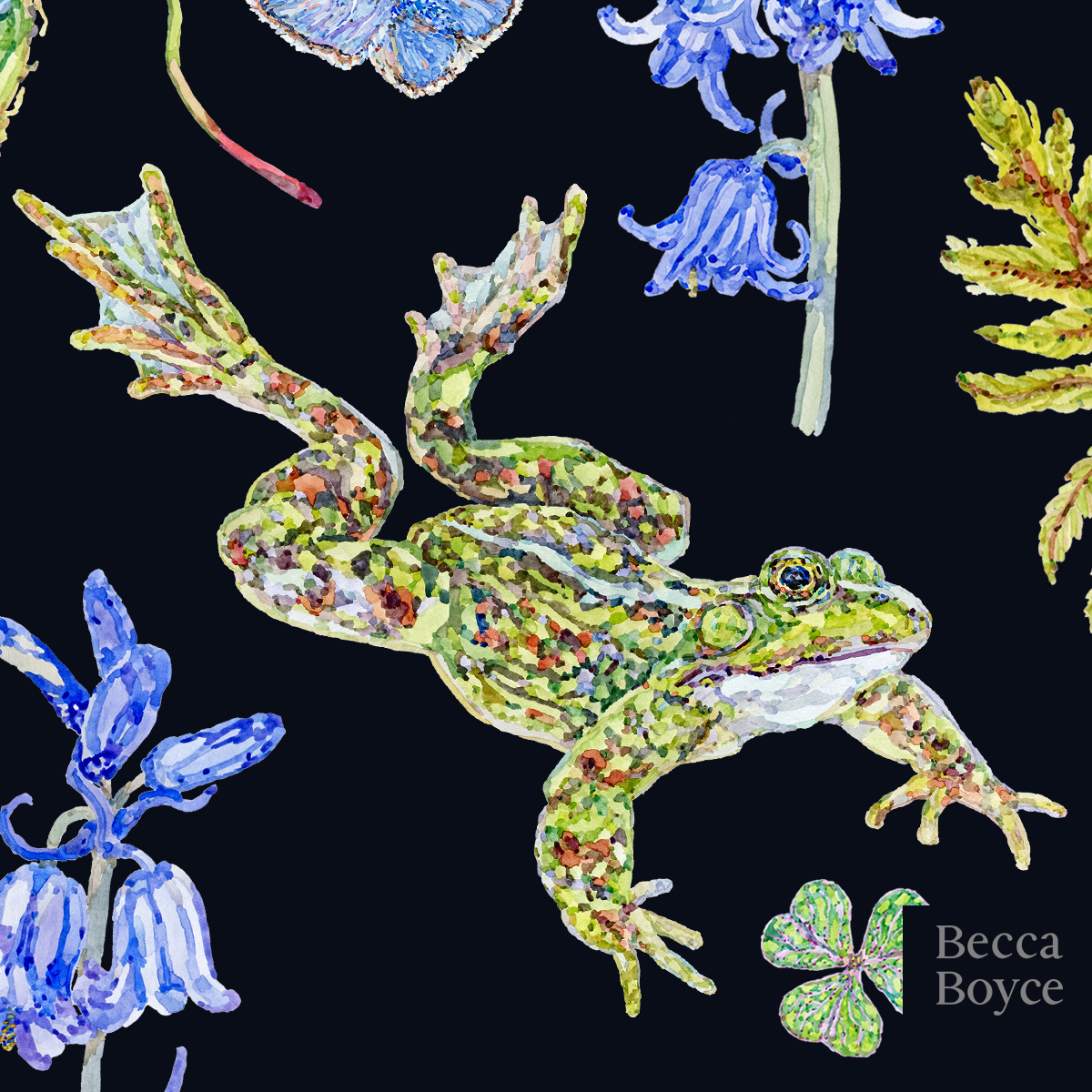 Frolicking Frogs and Fern watercolour nature pattern with bluebell flowers and butterflies