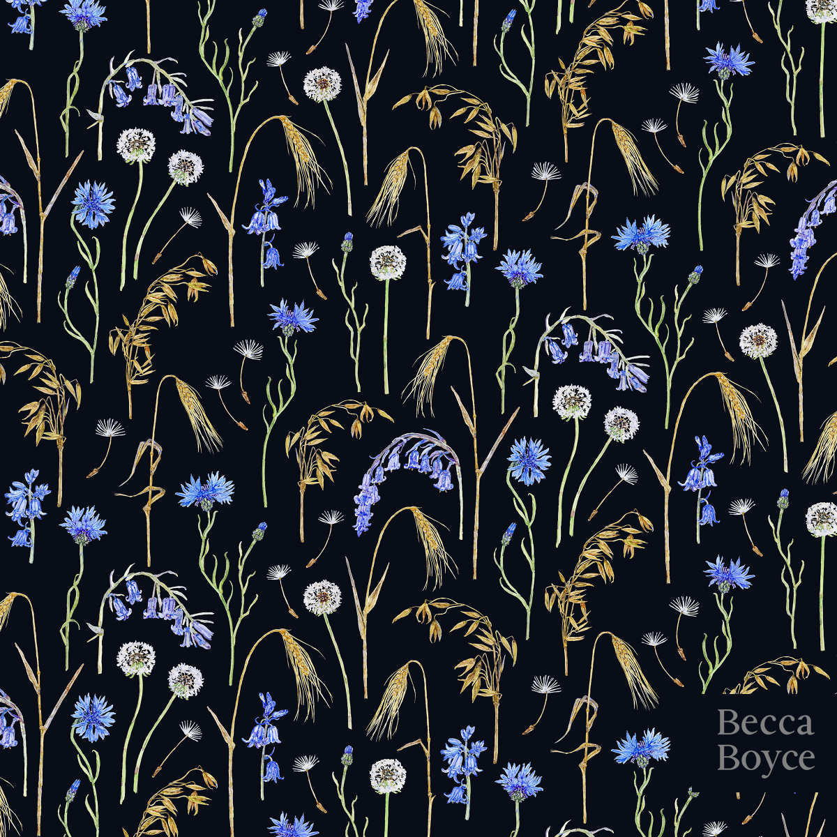 Meadow pattern of dandelions, bluebells, oats, wheat, corn flowers painted in watercolour