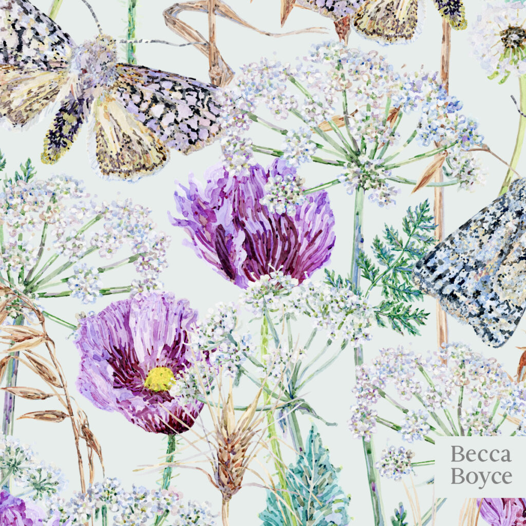 Meadow of Poppy flowers, butterflies, oats, dandelion and hemlock watercolour green pattern