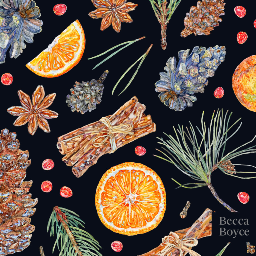 Mulled Spiced Orange and Pine Festive Watercolour Pattern