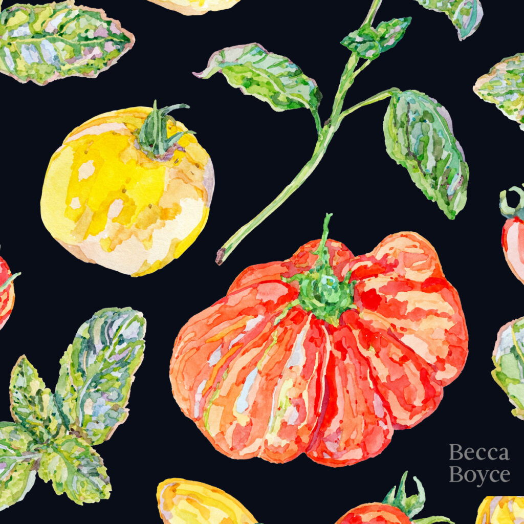 Tomatoes and Basil watercolour food pattern