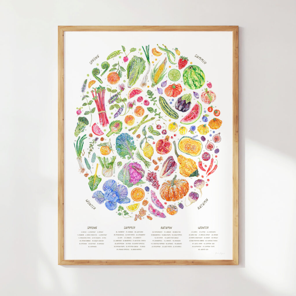 A printed guide to what is in season throughout the year, made from hand painted watercolour illustrations of fruits, vegetables and herbs. The paintings are accompanied by hand written label and information to help guide you towards sustainability.